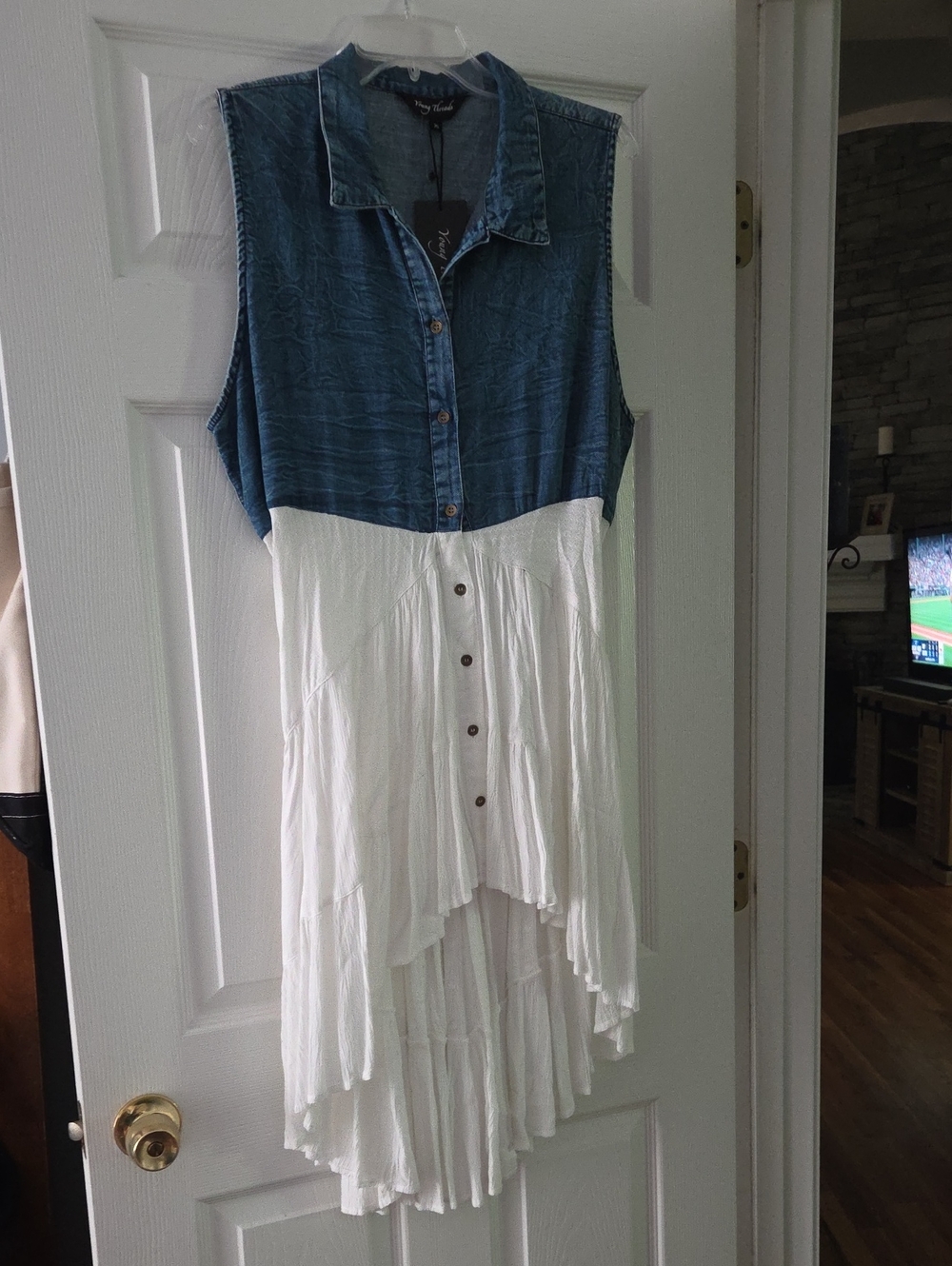 Sleeveless Denim-Top Asymmetrical White High-Low Dress